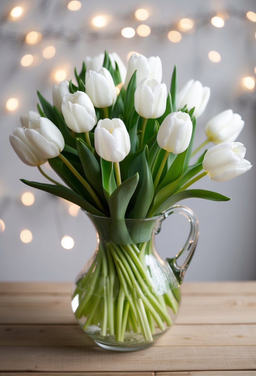 A bouquet of snowy white tulips arranged in a glass vase, with a few delicate green leaves peeking out from the bottom