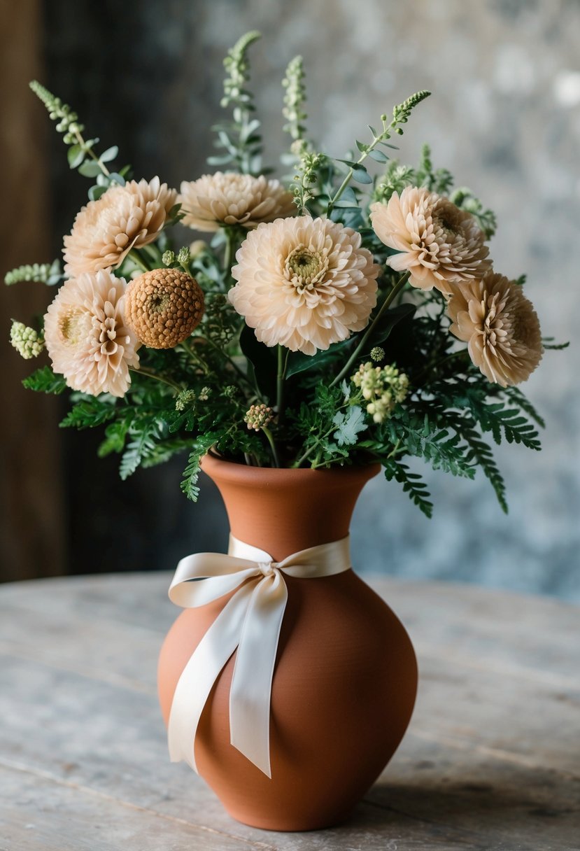 A terracotta vase holds a bouquet of earthy beige blossoms and greenery, tied with a satin ribbon