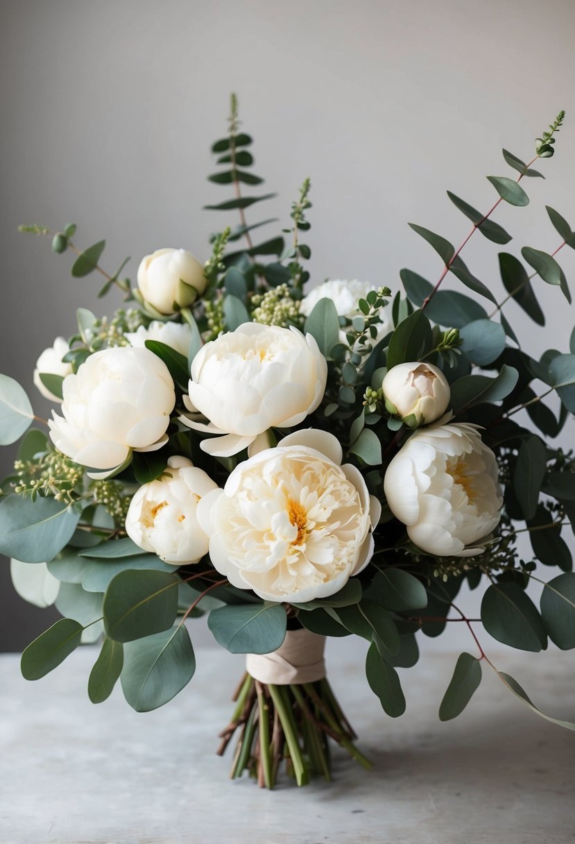 A lush bouquet of creamy peonies and eucalyptus arranged in a loose, natural style