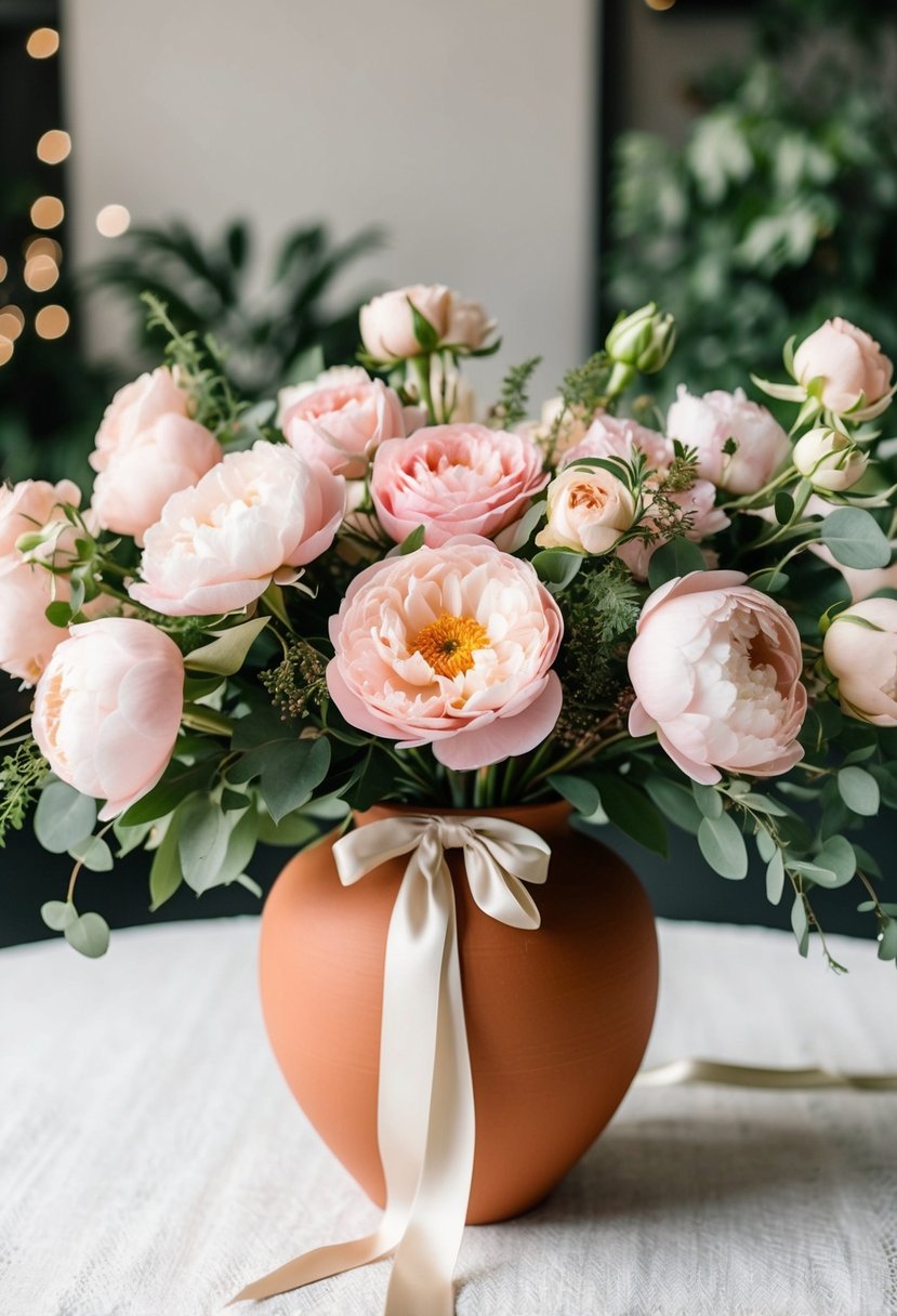 A terracotta vase holds a lush bouquet of blush roses and peonies, accented with greenery and tied with a silk ribbon