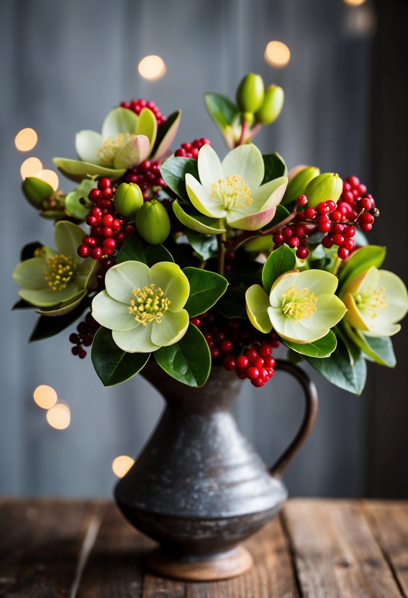 A bouquet of hellebores and berry accents in a rustic vase