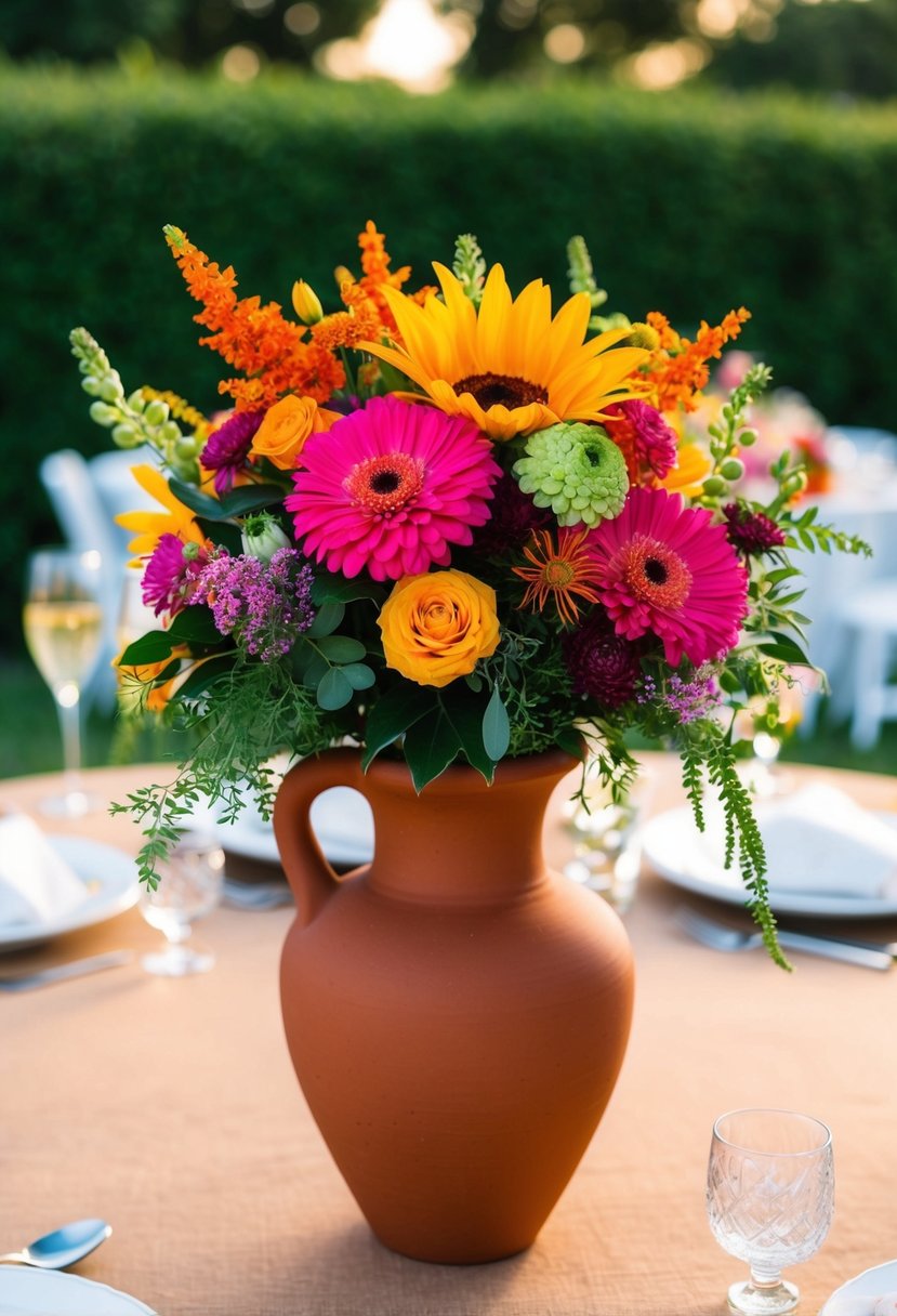 A terracotta vase holds a vibrant sunset-inspired bouquet of flowers and greenery, creating a striking centerpiece for a wedding celebration