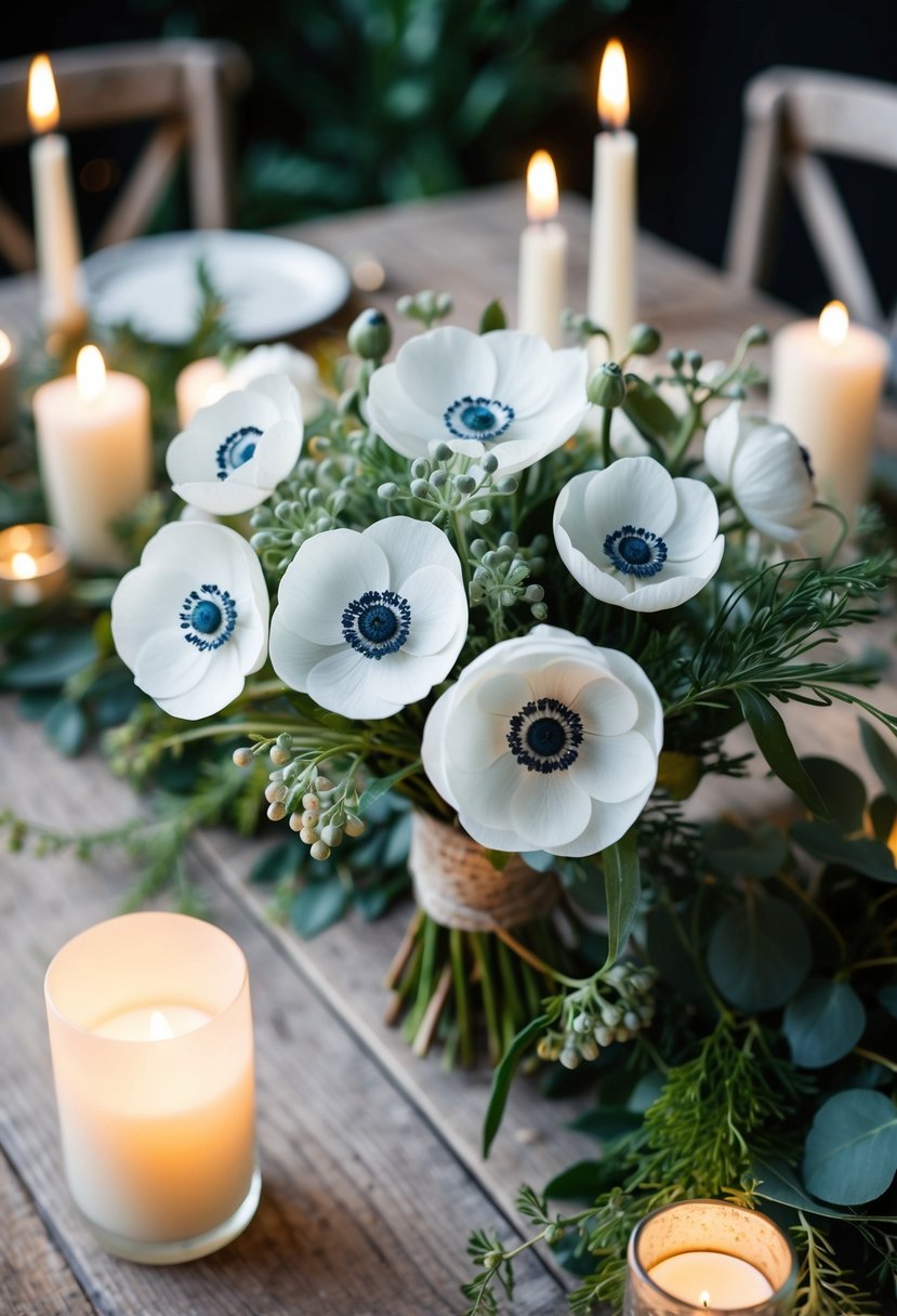 A delicate bouquet of white anemones and silver brunia rests on a rustic wooden table, surrounded by soft candlelight and greenery