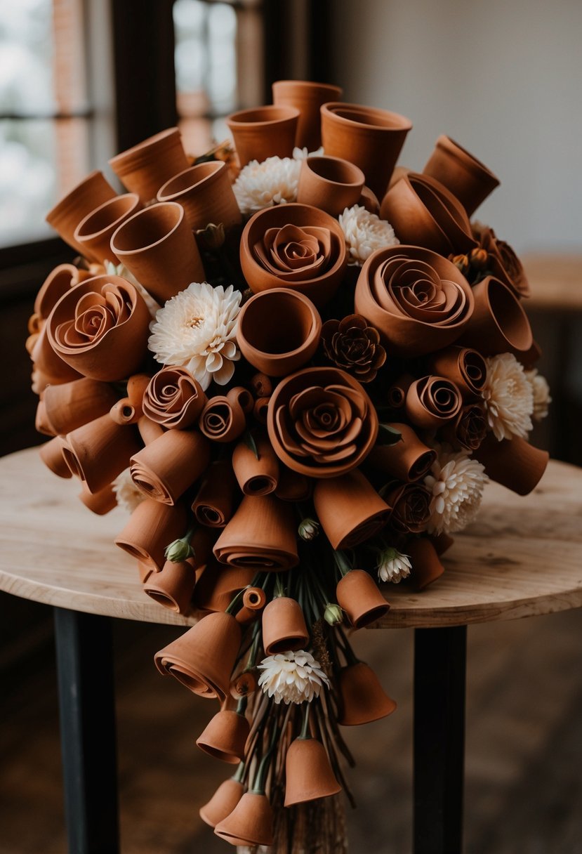 A terracotta cascade of handmade wedding bouquet, with varying sizes and textures of terracotta flowers, arranged in an elegant and flowing design