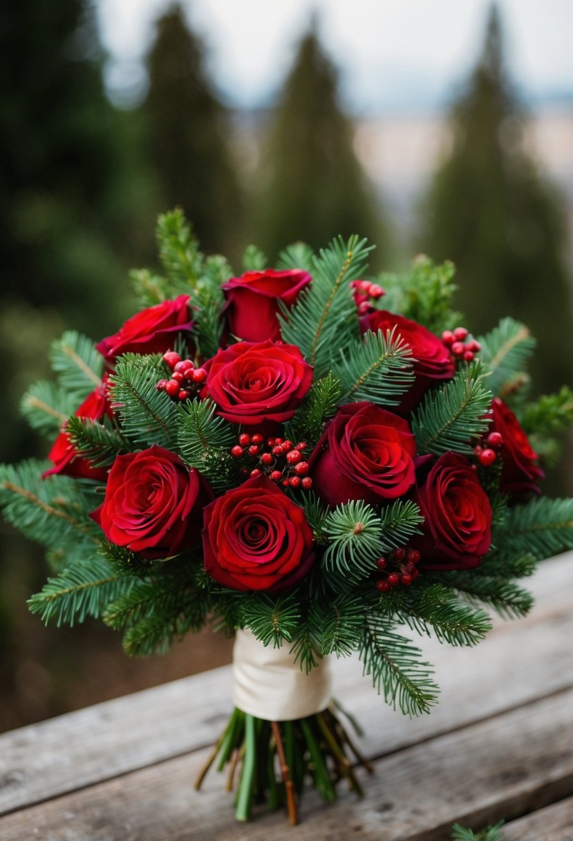 A bouquet of red roses mixed with pine sprigs, arranged in a rustic and elegant style for a January wedding