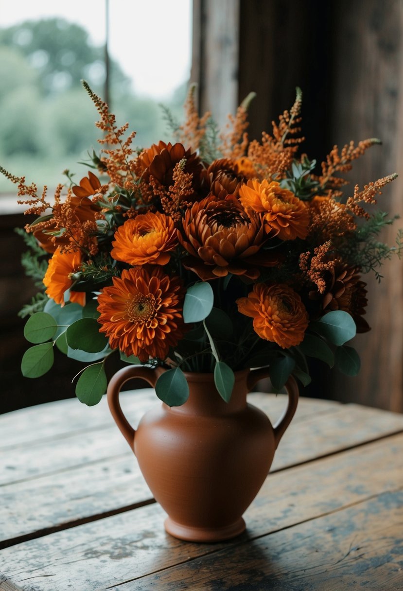 A terracotta wedding bouquet with burnt orange flowers and rustic greenery arranged in a ceramic vase on a weathered wooden table