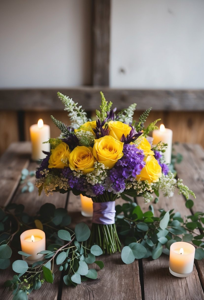 A yellow and purple wedding bouquet sits on a rustic wooden table, surrounded by delicate greenery and soft candlelight