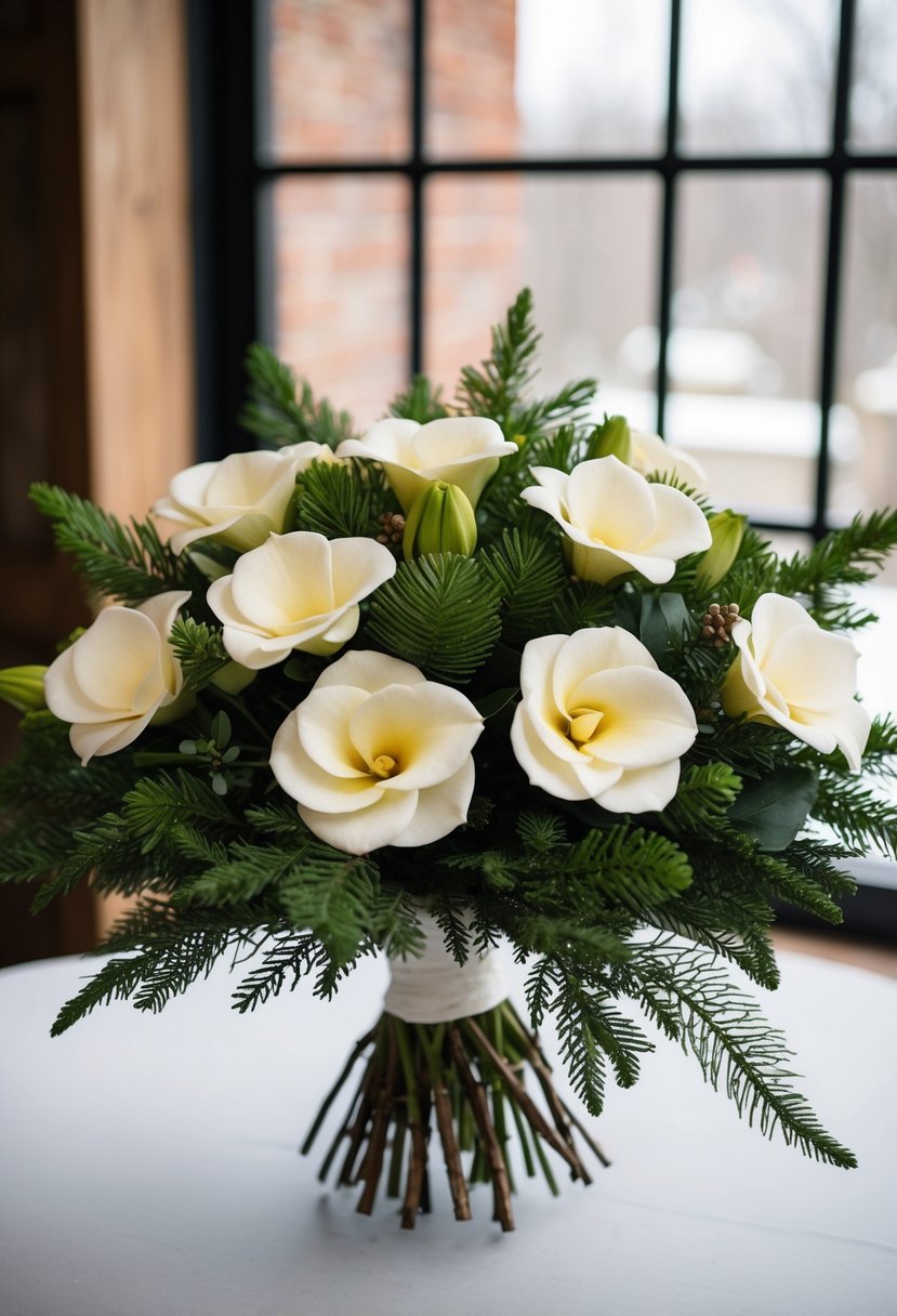 A lush bouquet of gardenias and cedar greenery, arranged in a January wedding theme