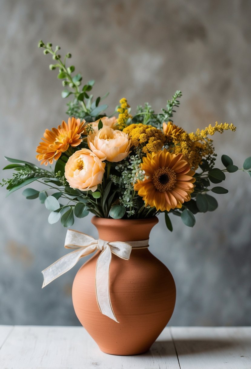 A rustic terracotta vase holds a vibrant bouquet of peach and mustard flowers, accented with greenery and tied with a delicate ribbon