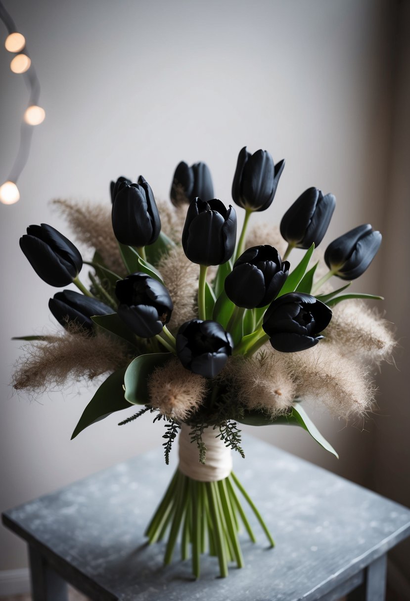 A bouquet of black tulips and dusty miller arranged in a January wedding theme