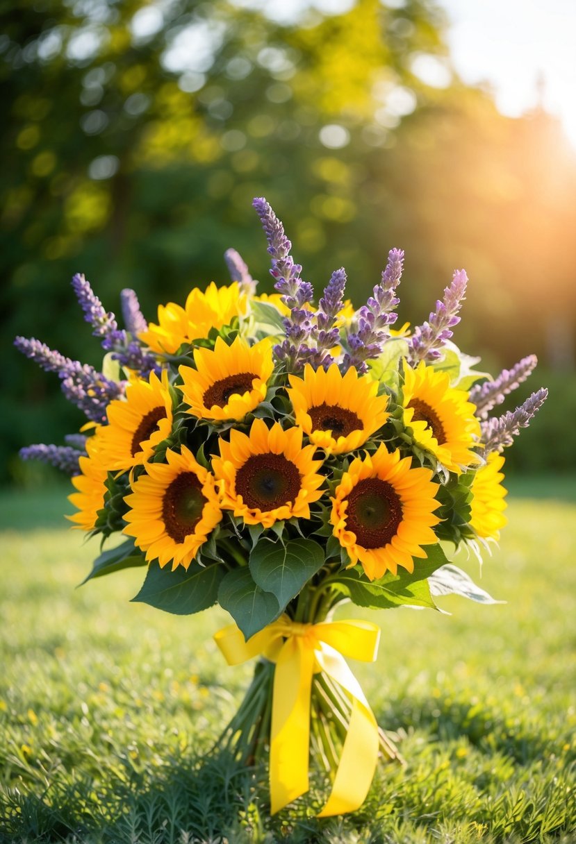 A vibrant bouquet of sunflowers and lavender tied with a yellow ribbon