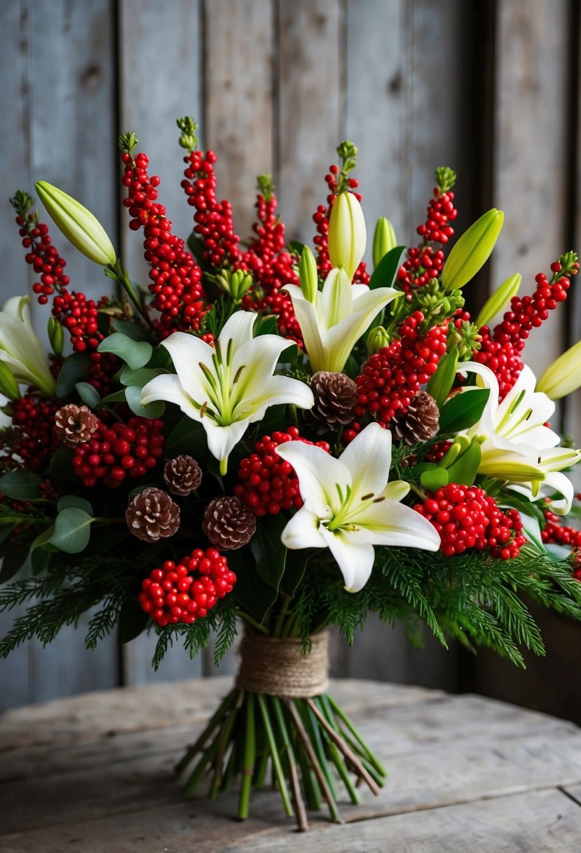 A lush bouquet of vibrant Hypericum berries and delicate lilies, arranged in a rustic, winter-inspired style