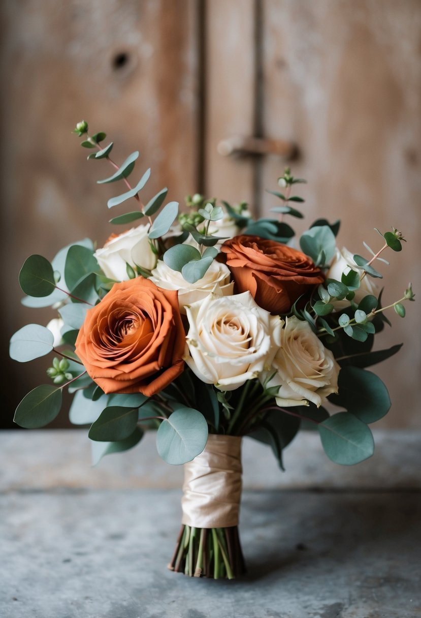 A terracotta and beige wedding bouquet with eucalyptus and roses, set against a rustic backdrop