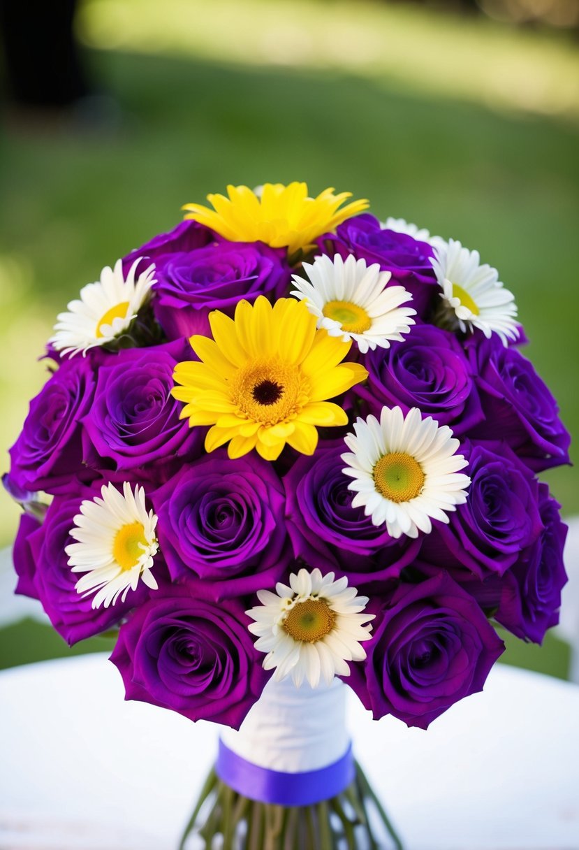 A bouquet of vibrant purple roses and sunny yellow daisies intertwined in a beautiful wedding arrangement