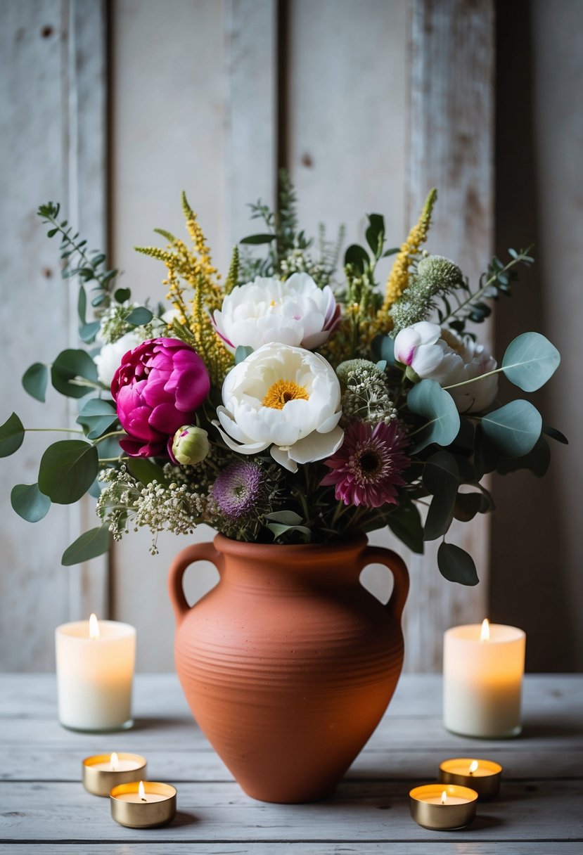 A terracotta vase holds a lush bouquet of peonies, eucalyptus, and wildflowers, set against a backdrop of weathered wood and soft candlelight