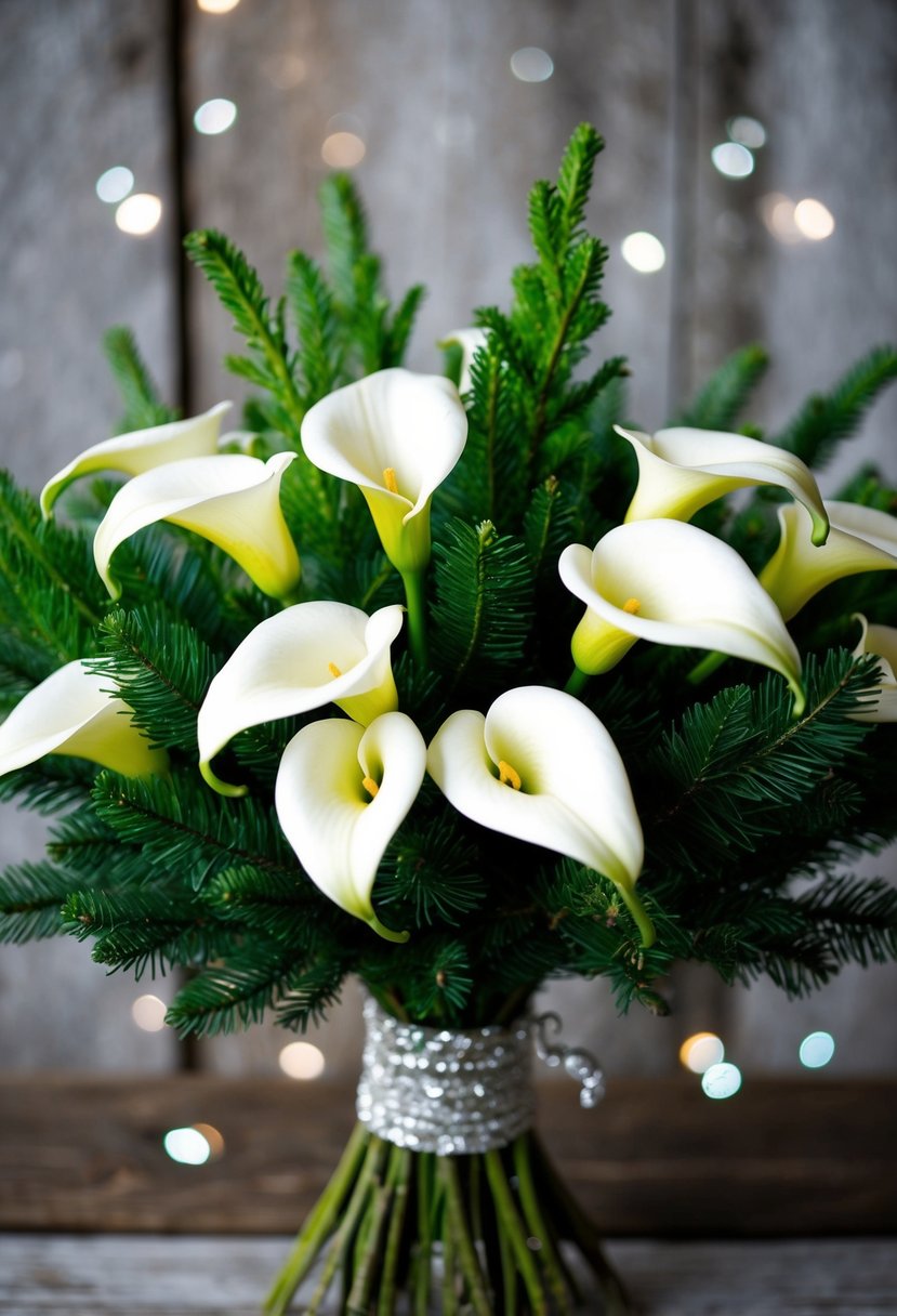 A bouquet of white calla lilies and green fir branches arranged in a rustic, winter-inspired setting