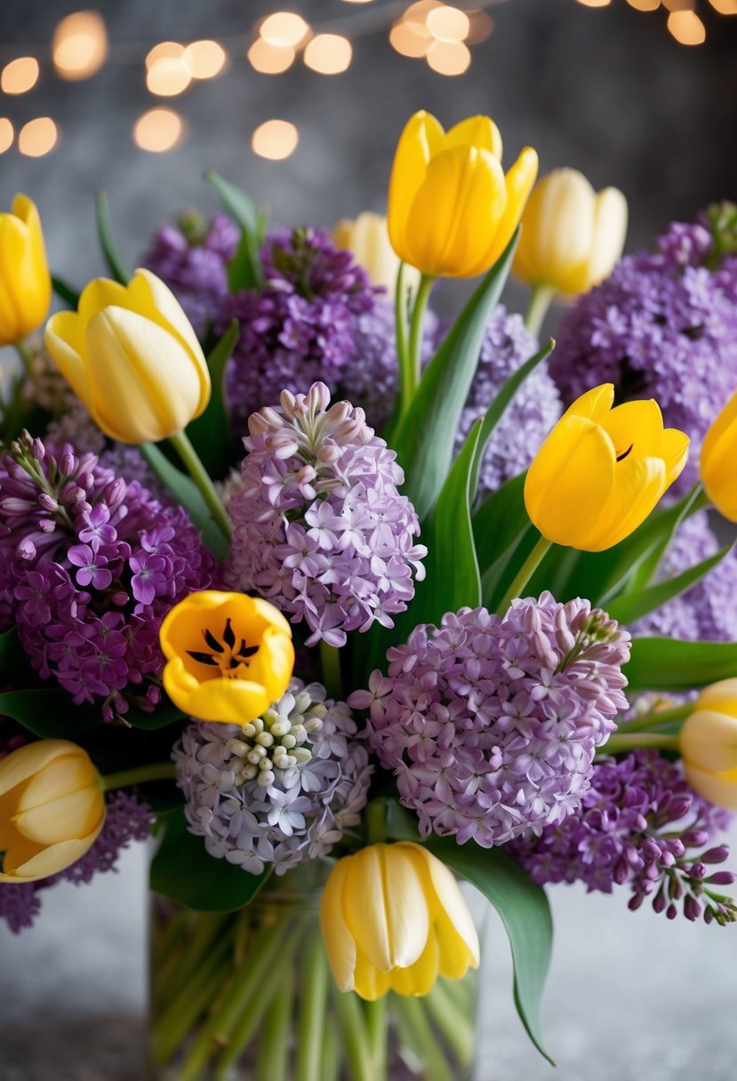 A bouquet of elegant lilacs and golden tulips in shades of yellow and purple