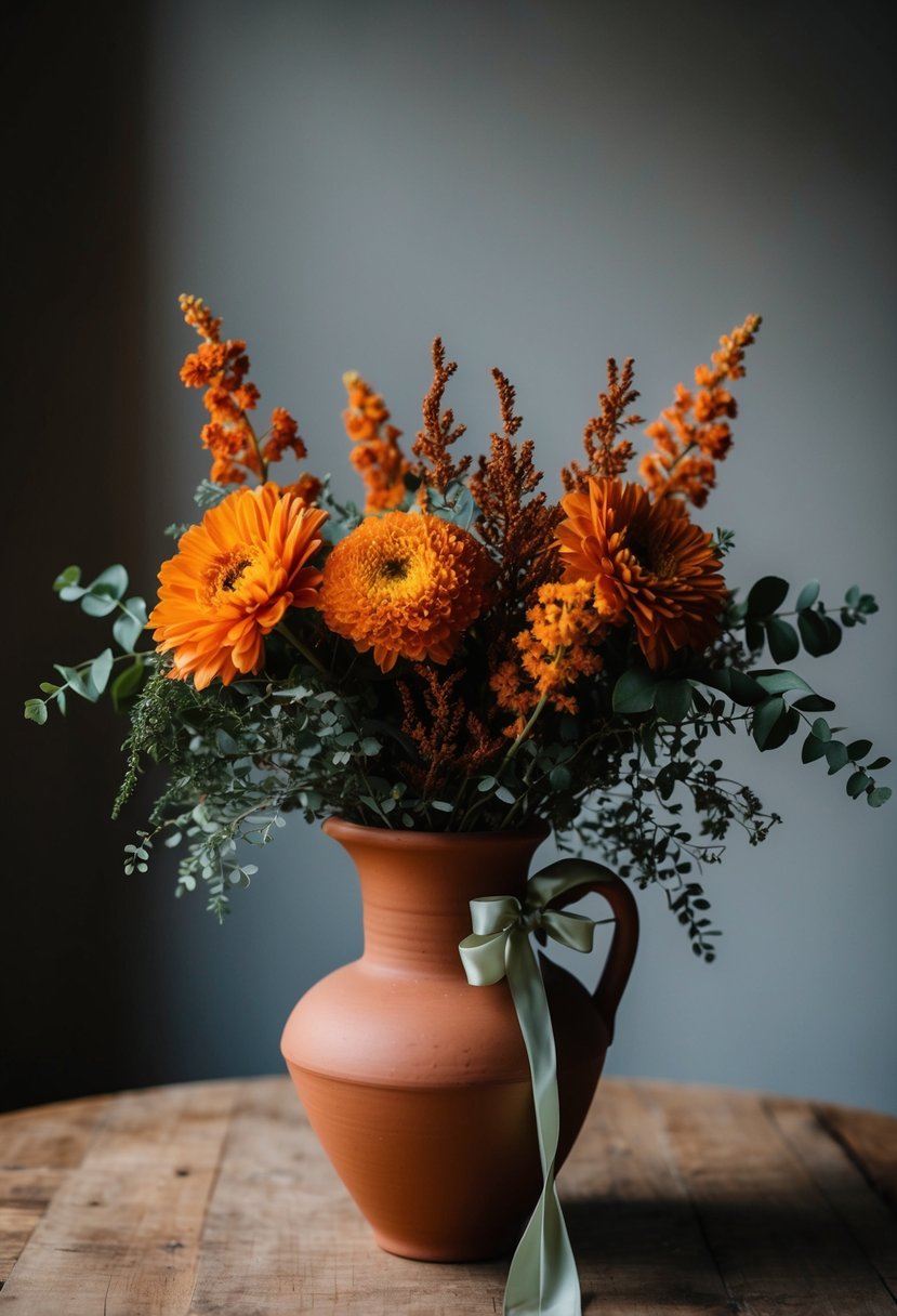 A terracotta vase holds a bouquet of burnt orange and turmeric flowers, accented with touches of greenery and tied with a matching ribbon