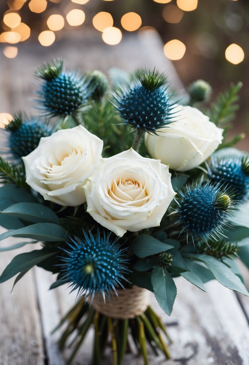 A bouquet of white roses and blue thistles arranged in a rustic, winter-themed style