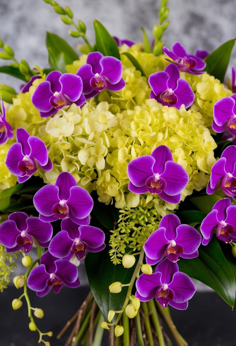 A vibrant bouquet of violet orchids and yellow hydrangeas arranged in a cascading style, with green foliage peeking out from between the flowers