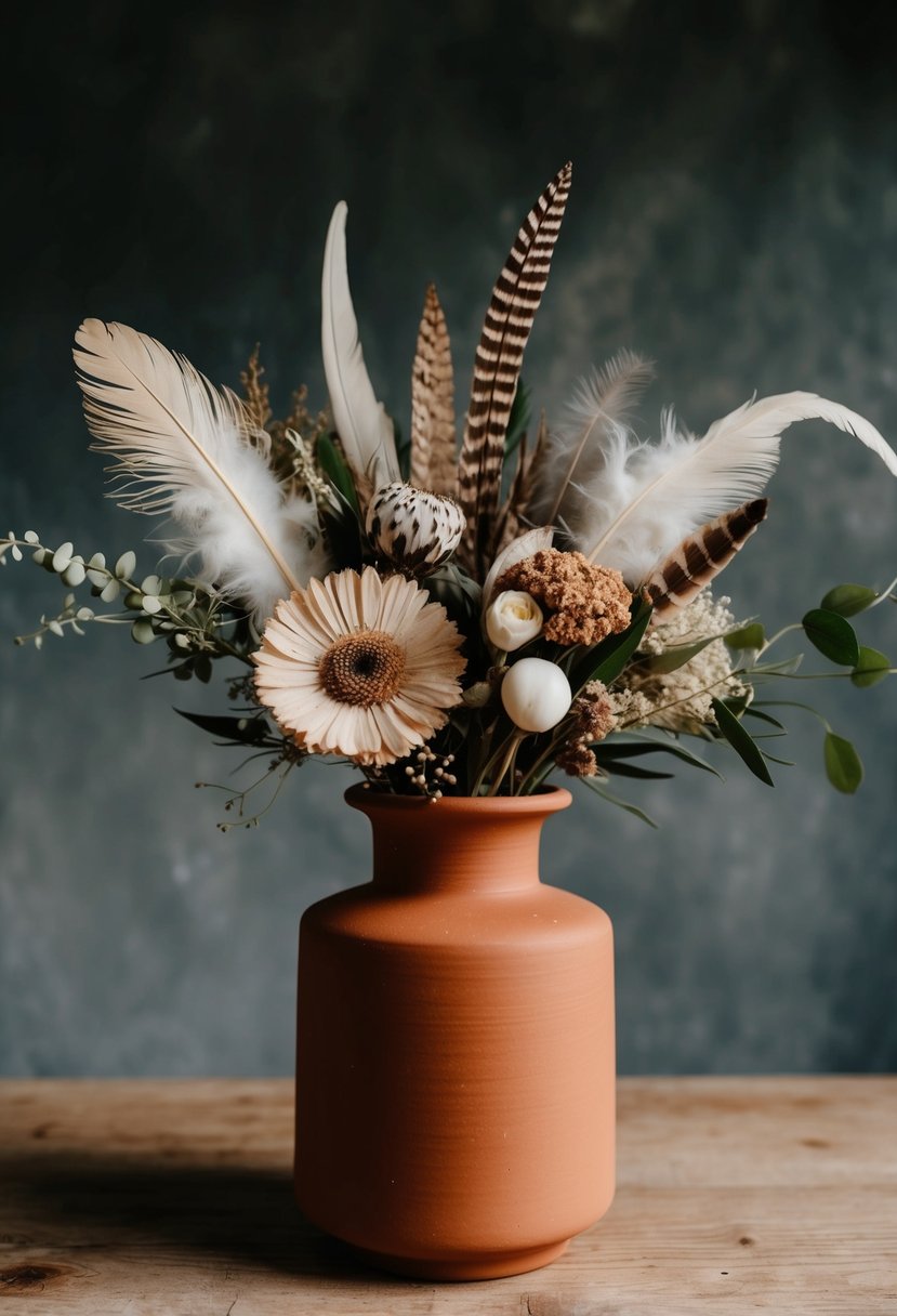 A terracotta vase holds a boho-chic wedding bouquet with cream accents, featuring dried flowers, feathers, and greenery