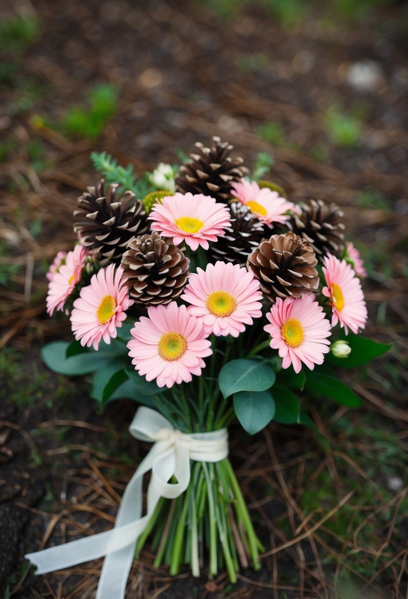 A bouquet of vibrant Gerbera daisies intertwined with rustic pinecones, tied together with a delicate ribbon