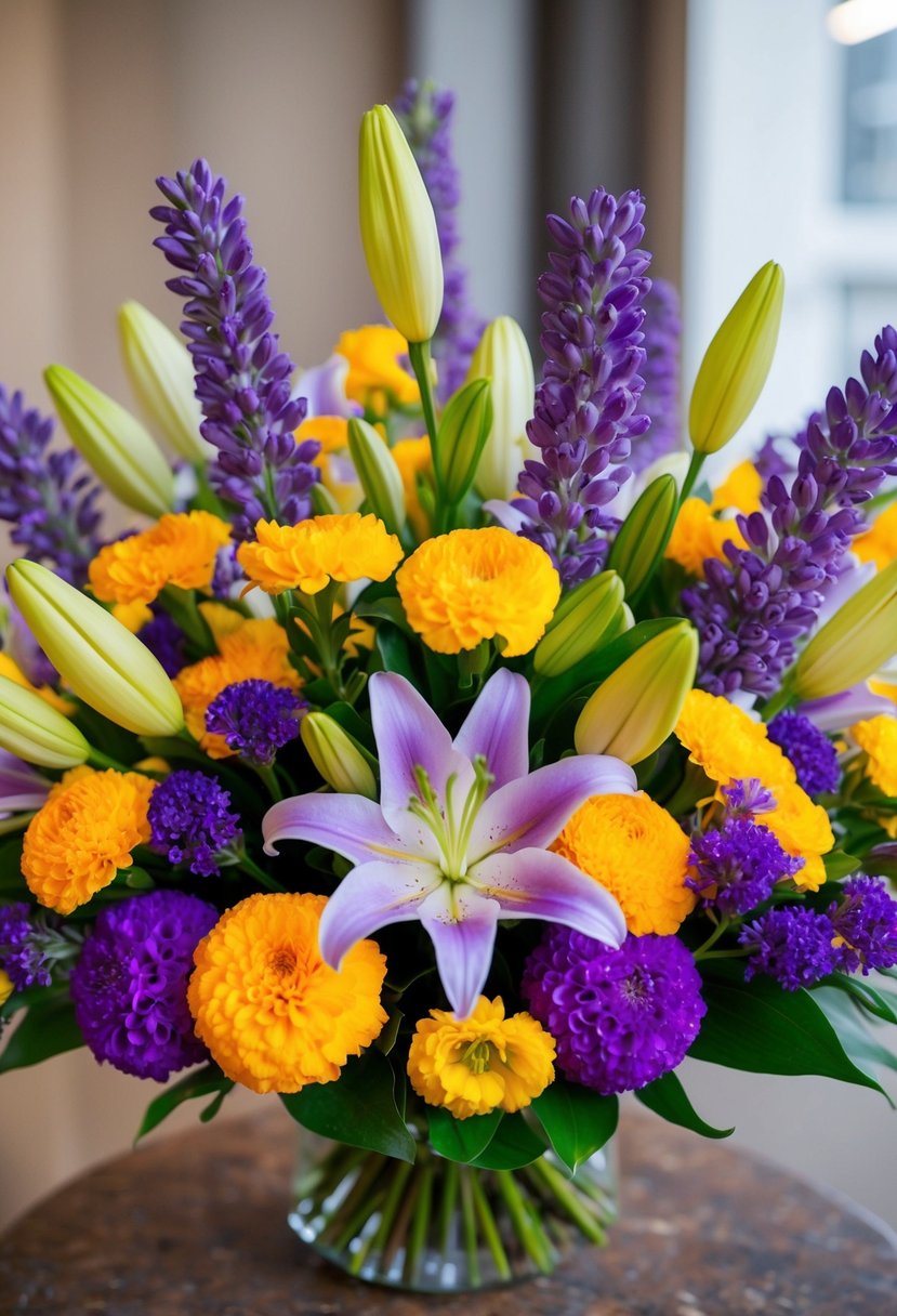 A vibrant bouquet featuring lavender lilies and marigold bliss, with a mix of yellow and purple flowers arranged in an elegant and romantic style