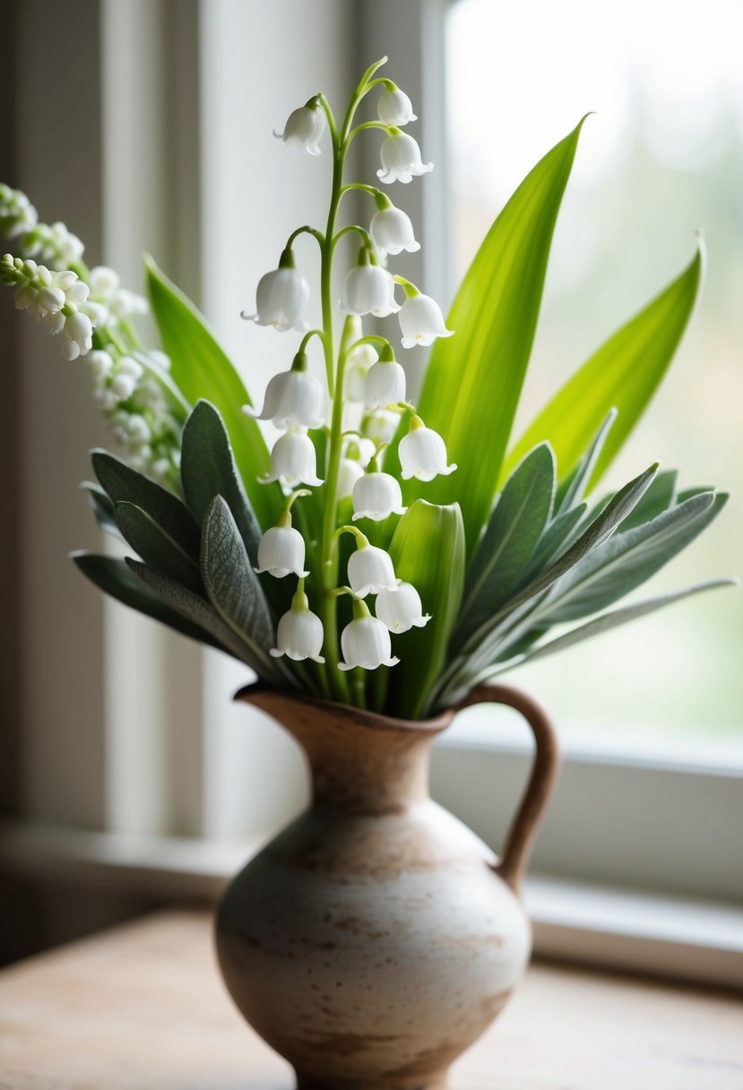 A delicate bouquet of white Lily of the Valley and green Sage arranged in a rustic vase, with soft natural light filtering through a window