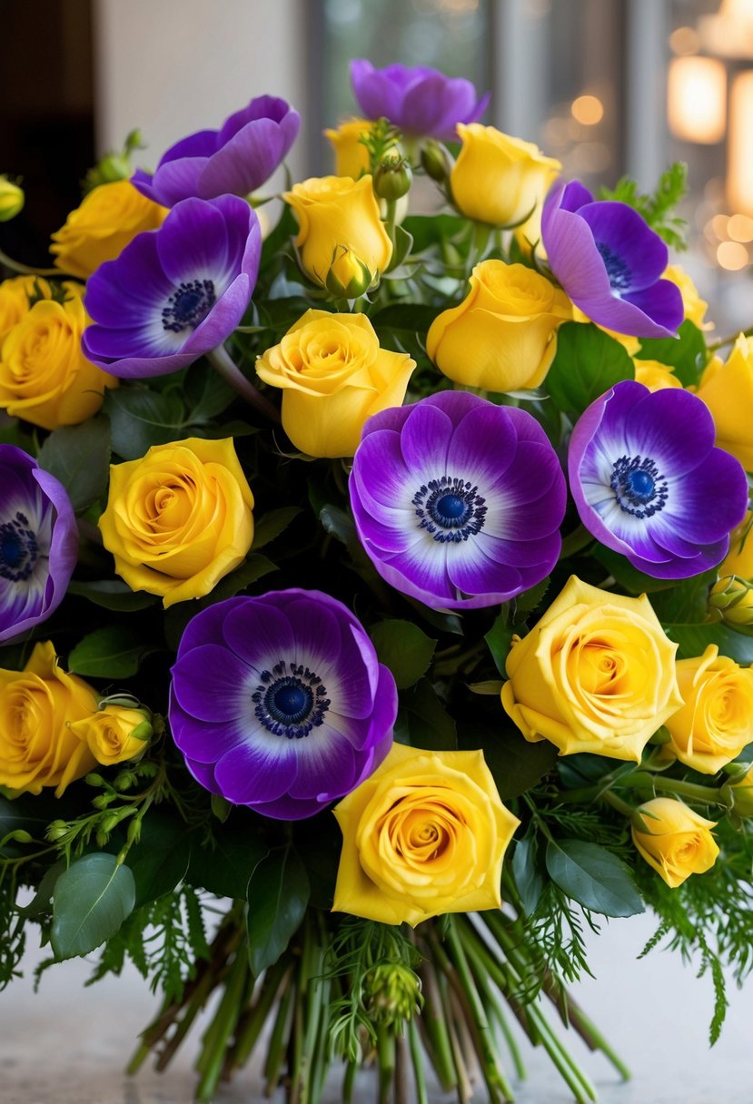 A vibrant bouquet of purple anemones and sunburst yellow roses, arranged in a lush, cascading style