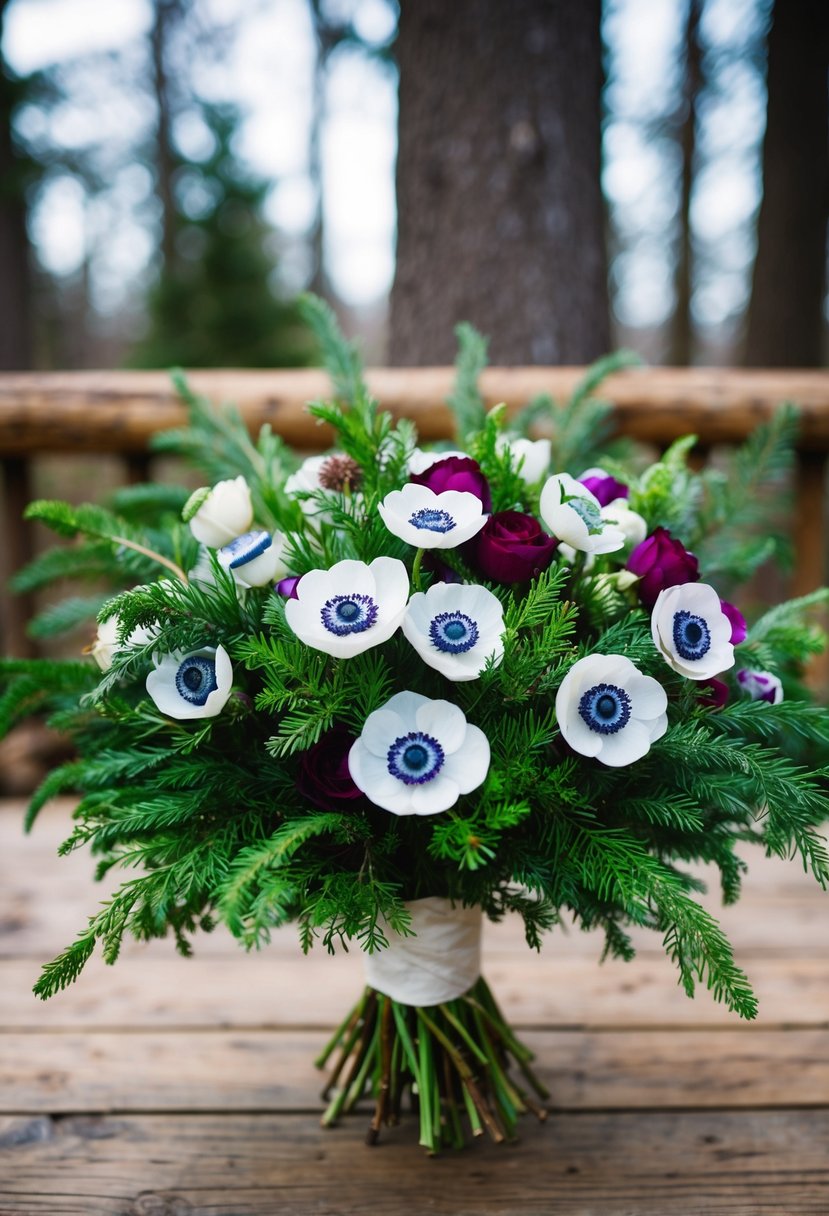 A lush bouquet of vibrant anemones and fragrant cedar greenery, arranged in a rustic, January wedding setting