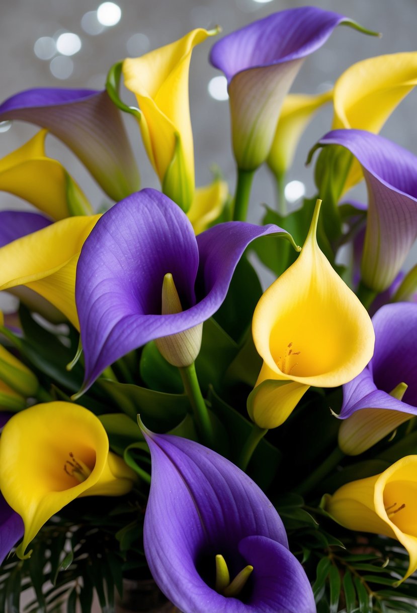 A vibrant bouquet of amethyst calla lilies and yellow freesias arranged in a delicate, cascading design