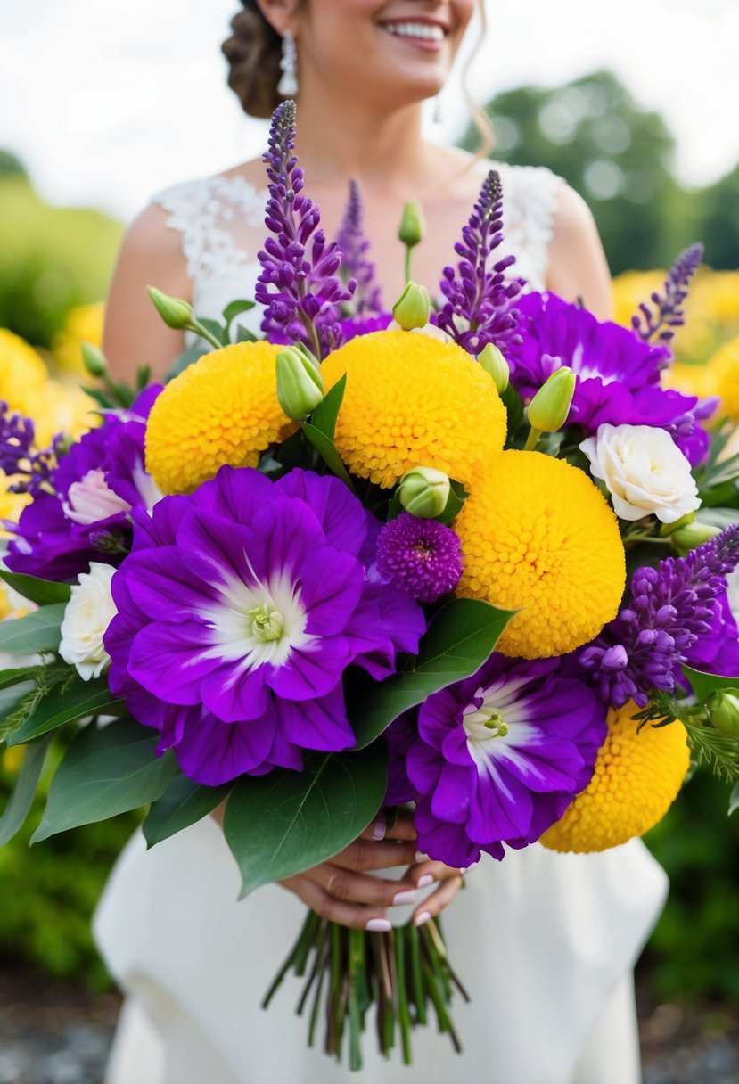 A vibrant wedding bouquet featuring radiant purple lisianthus and sunny yellow pompoms