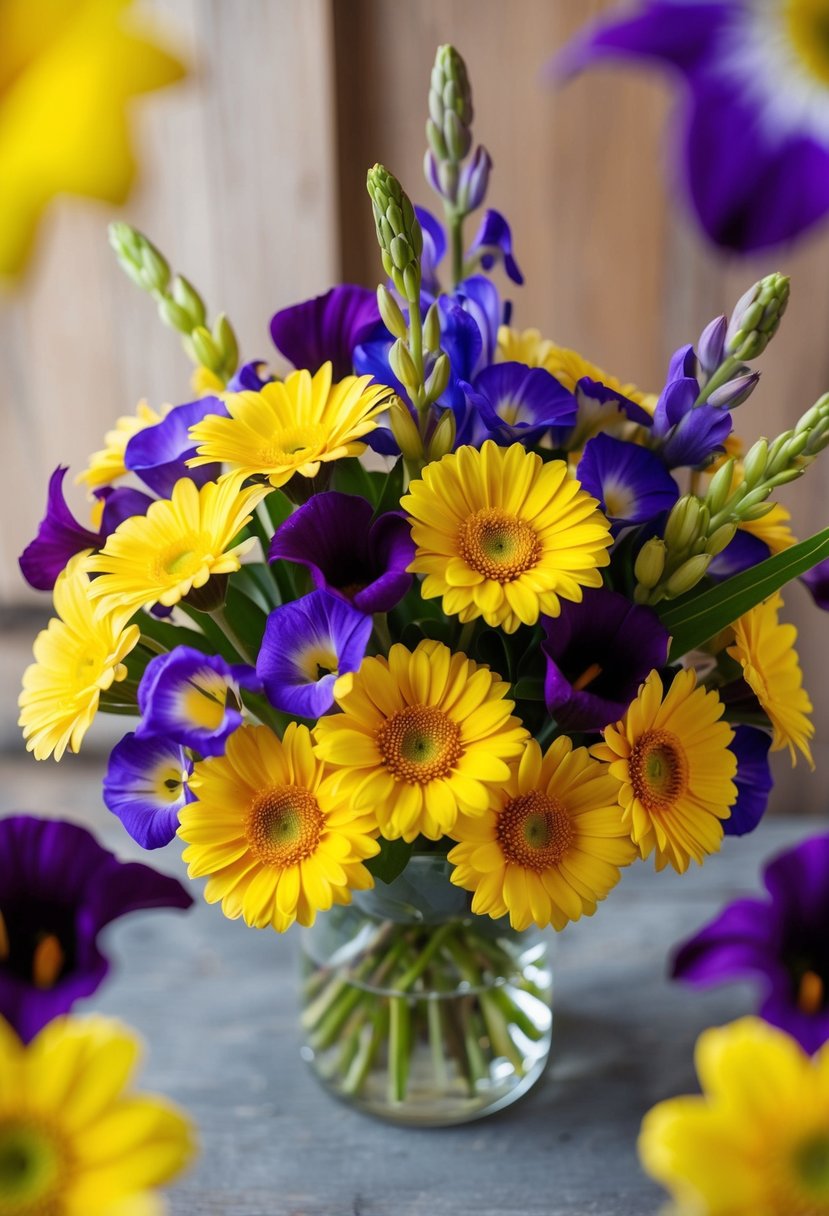 A vibrant bouquet with yellow and purple gerbera daisies and iris flowers arranged in a harmonious symphony of color and texture