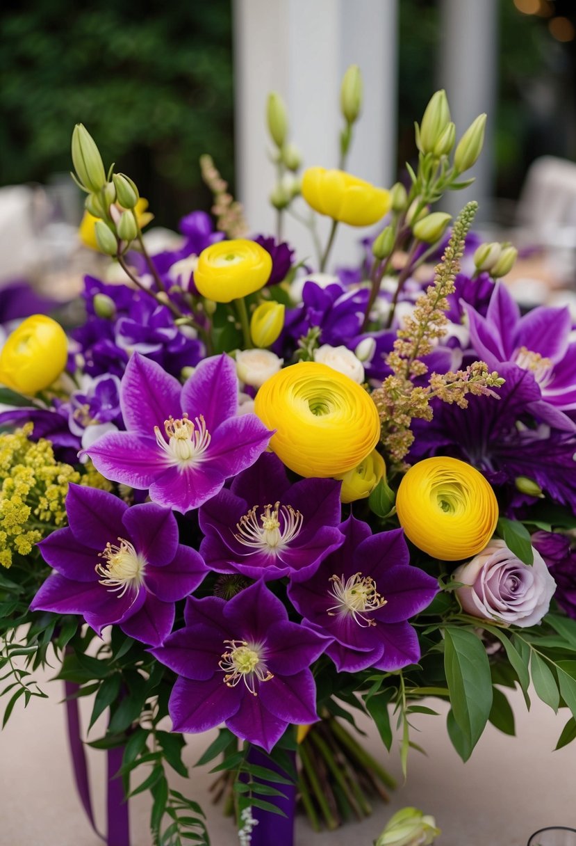 A lush bouquet of regal purple clematis and golden ranunculus, accented with yellow and purple, creates a stunning wedding centerpiece