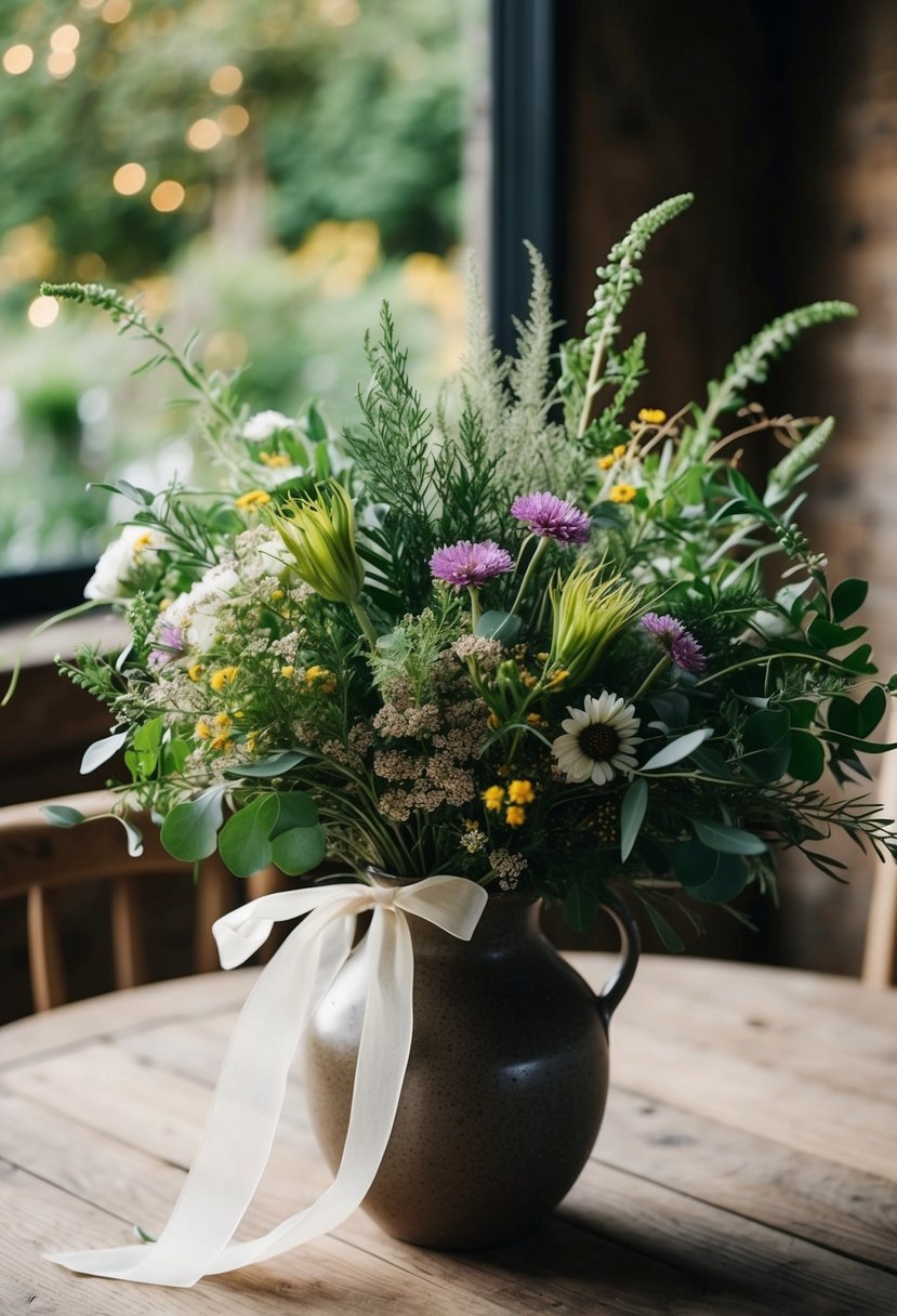 A lush bouquet of wildflowers and greenery, tied with a delicate ribbon, sits in a rustic vase on a wooden table