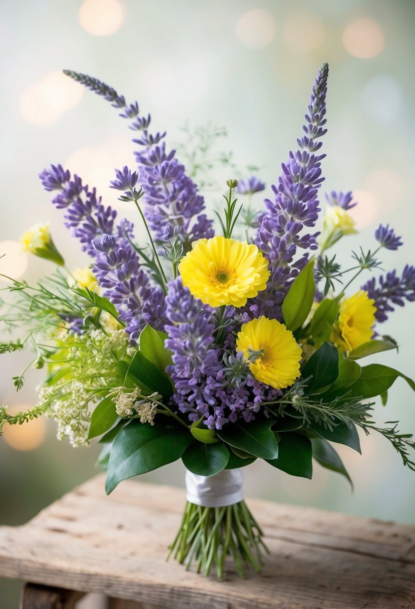 A lush bouquet of lavender and yellow flowers, with butterfly weed and delicate greenery, set against a soft, dreamy background