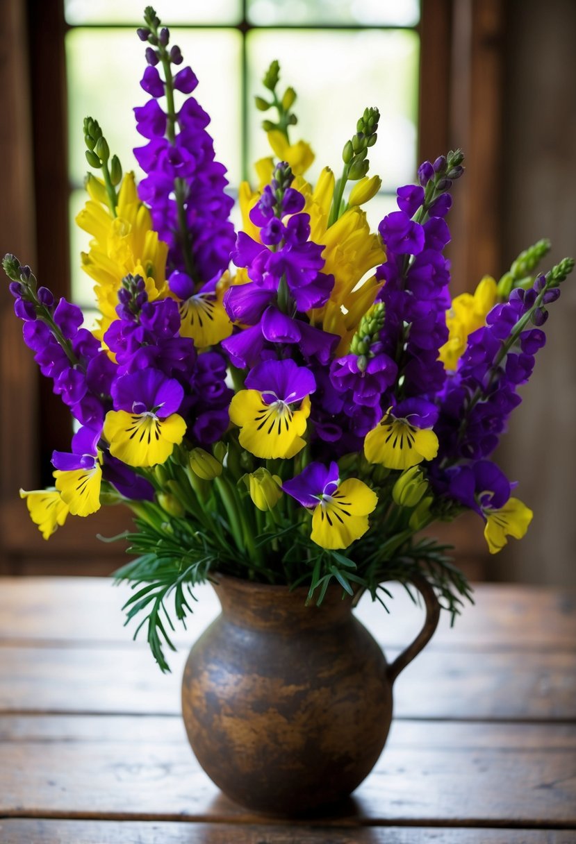 A vibrant bouquet of violet statice and yellow snapdragons arranged in a rustic vase on a wooden table