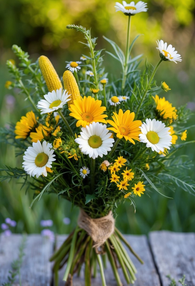 A vibrant bouquet of wildflowers, featuring daisies and cornflowers, arranged in a natural and rustic style