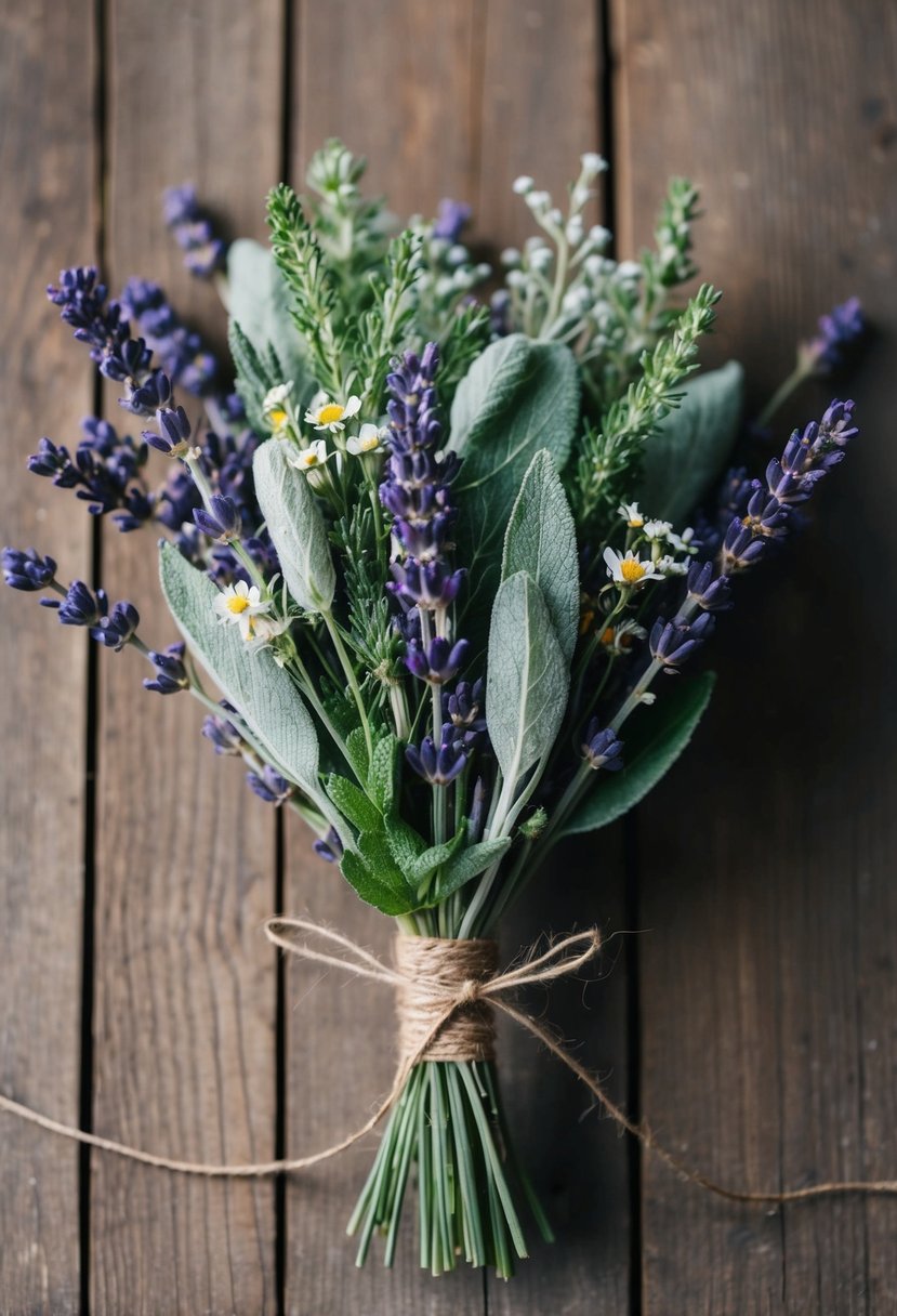 A rustic, hand-tied bouquet of fragrant lavender and sage herbs, accented with delicate wildflowers and tied with twine