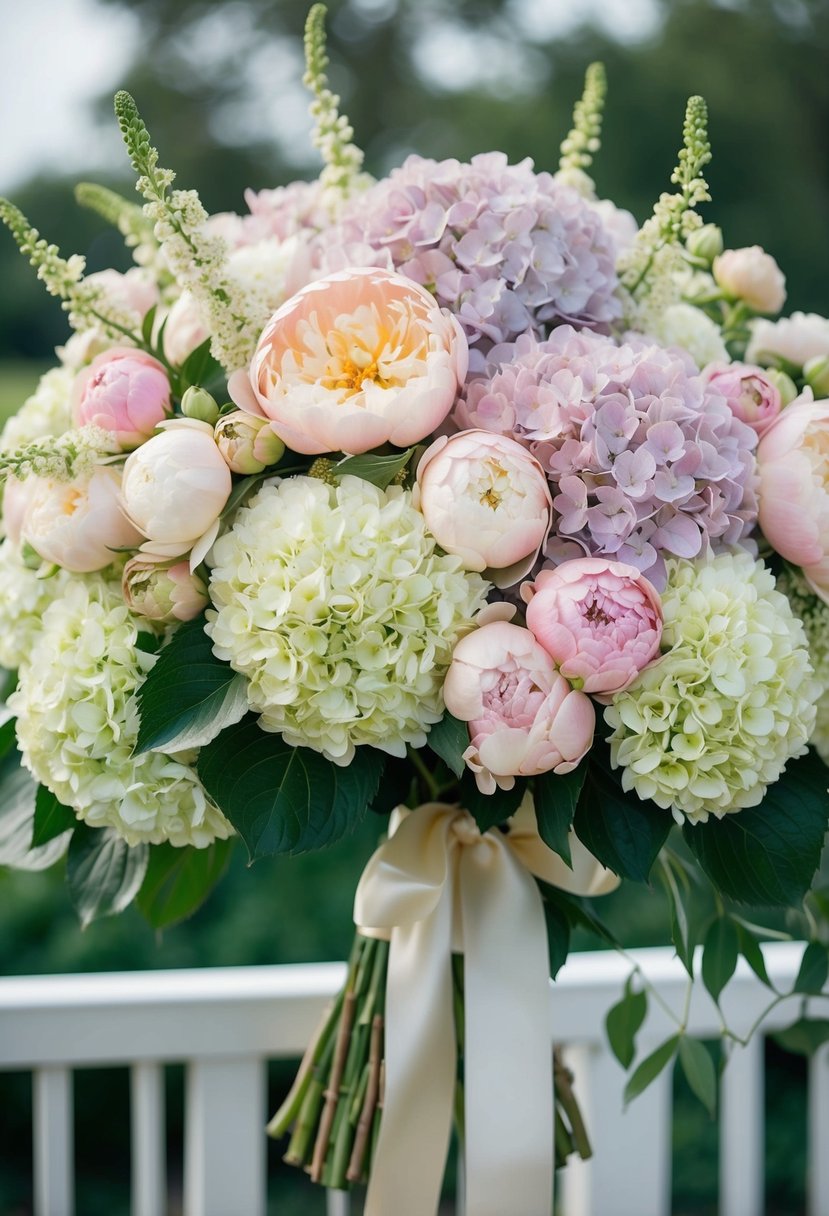 A lush, cascading bouquet of hydrangeas and peonies in soft pastel shades, tied with a satin ribbon