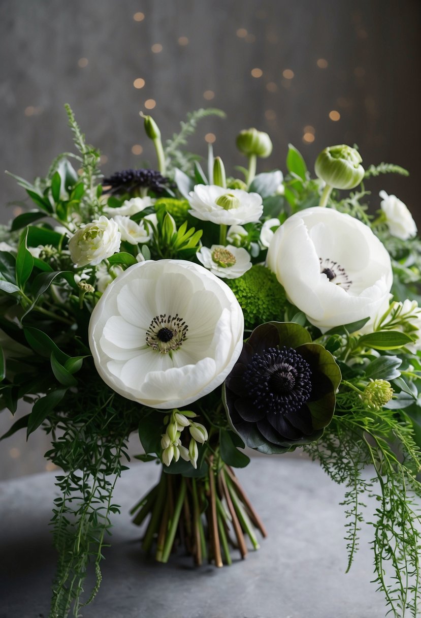 A lush, organic bouquet featuring white ranunculus and hellebore flowers, with delicate greenery cascading around them