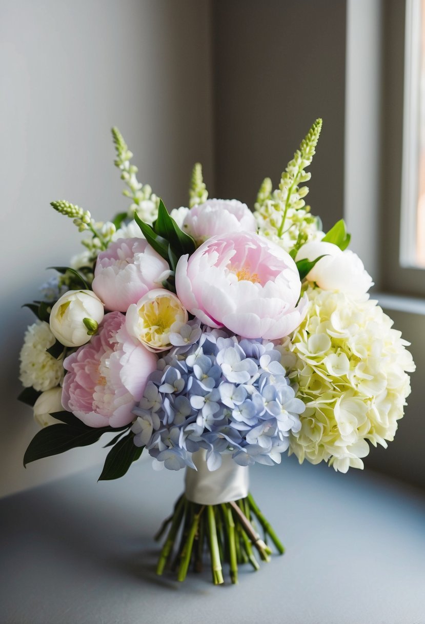 An elegant mix of peonies and hydrangeas arranged in a wedding bouquet