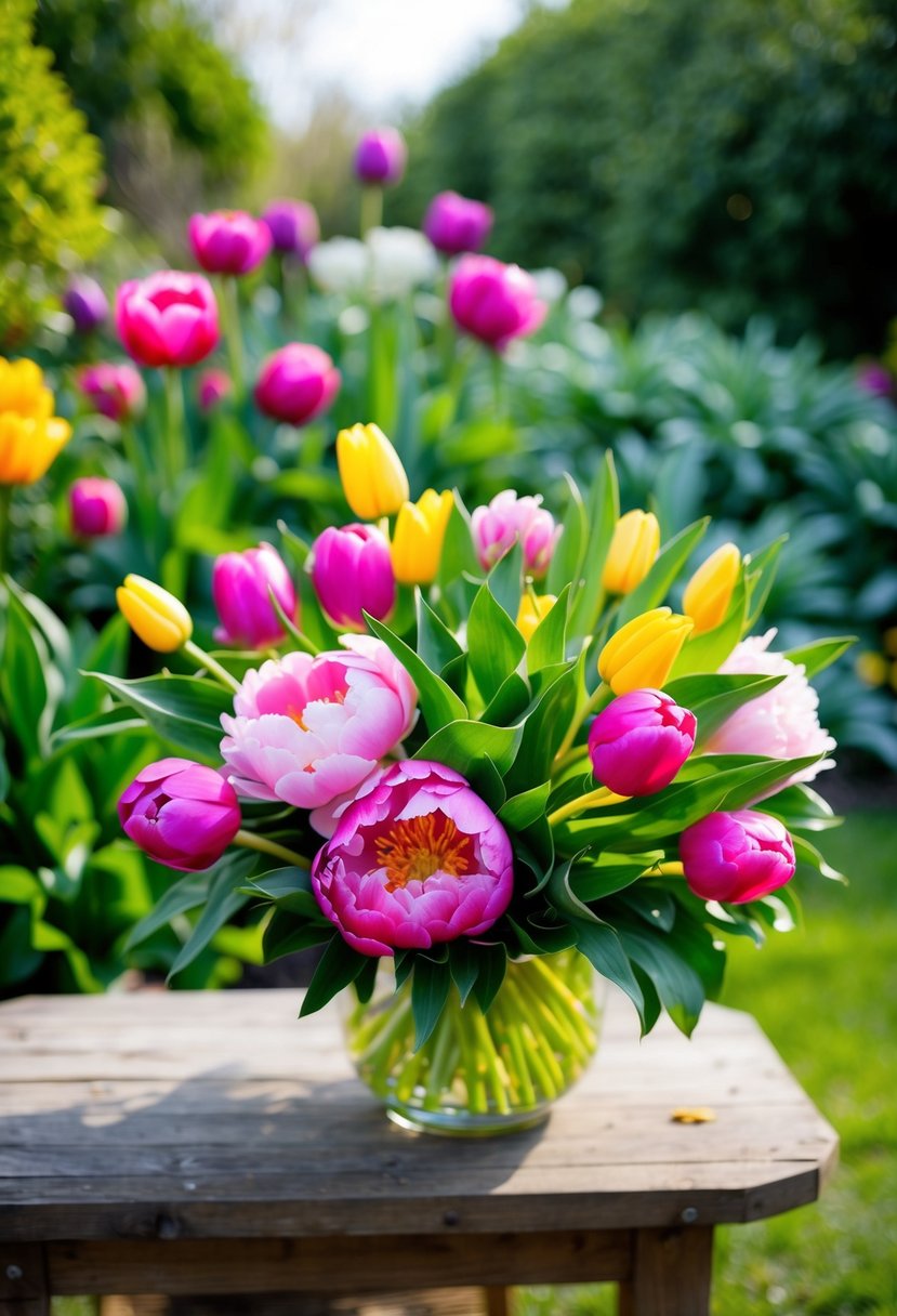 A vibrant bouquet of peonies and tulips arranged in a garden setting, with lush green foliage and a natural, organic feel