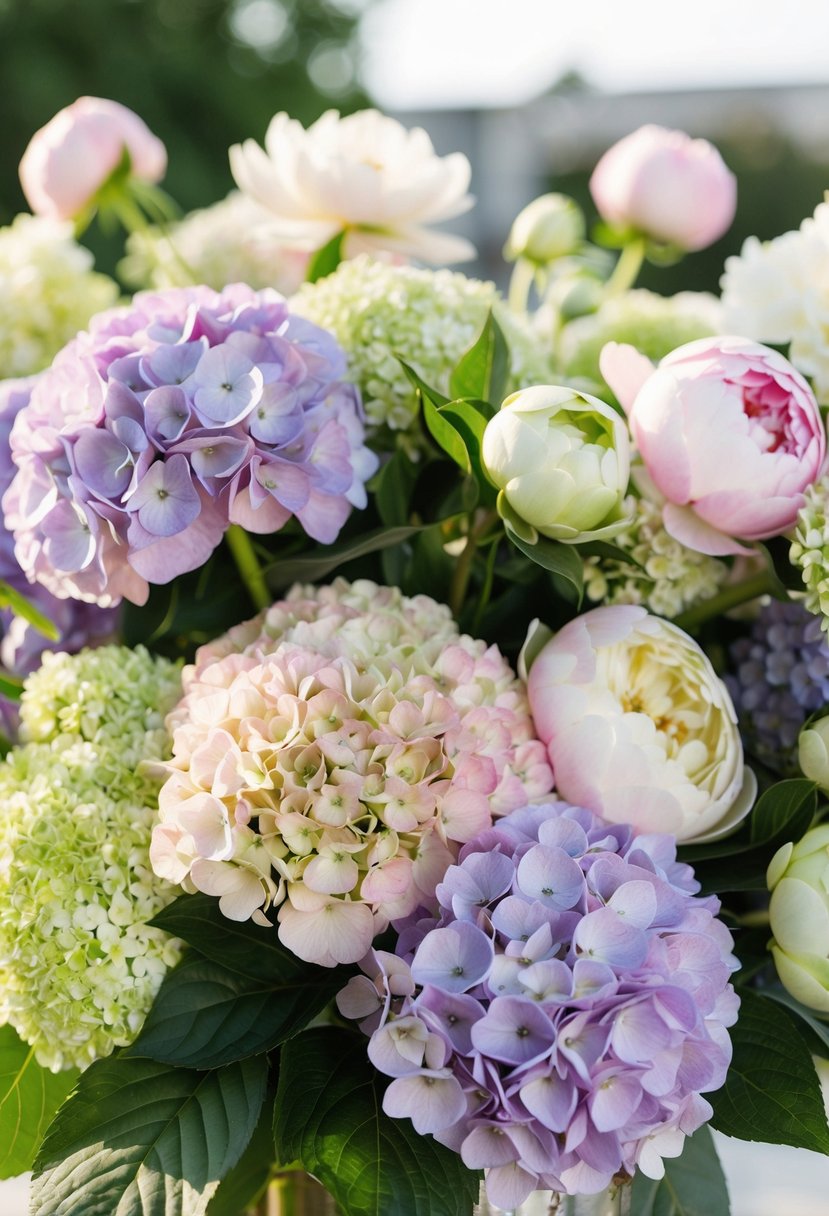 A lush bouquet of hydrangeas and peonies in soft pastel colors, arranged in a garden-inspired style