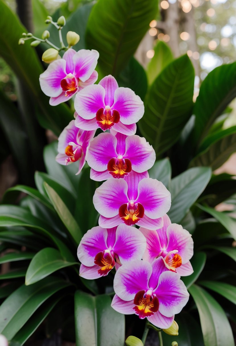 A vibrant bouquet of orchids and hibiscus blooms against lush green foliage