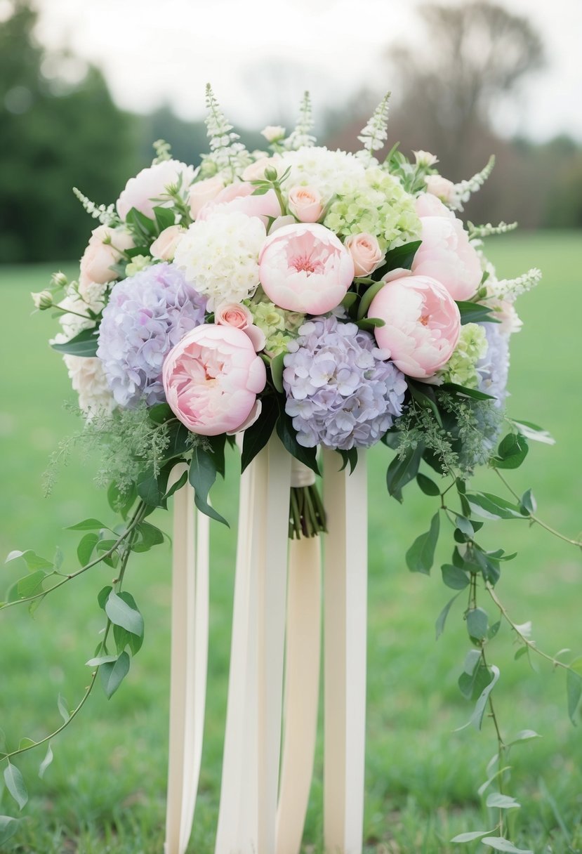 A cascading bouquet of peonies and hydrangeas in soft pastel colors, with delicate greenery and trailing ribbons