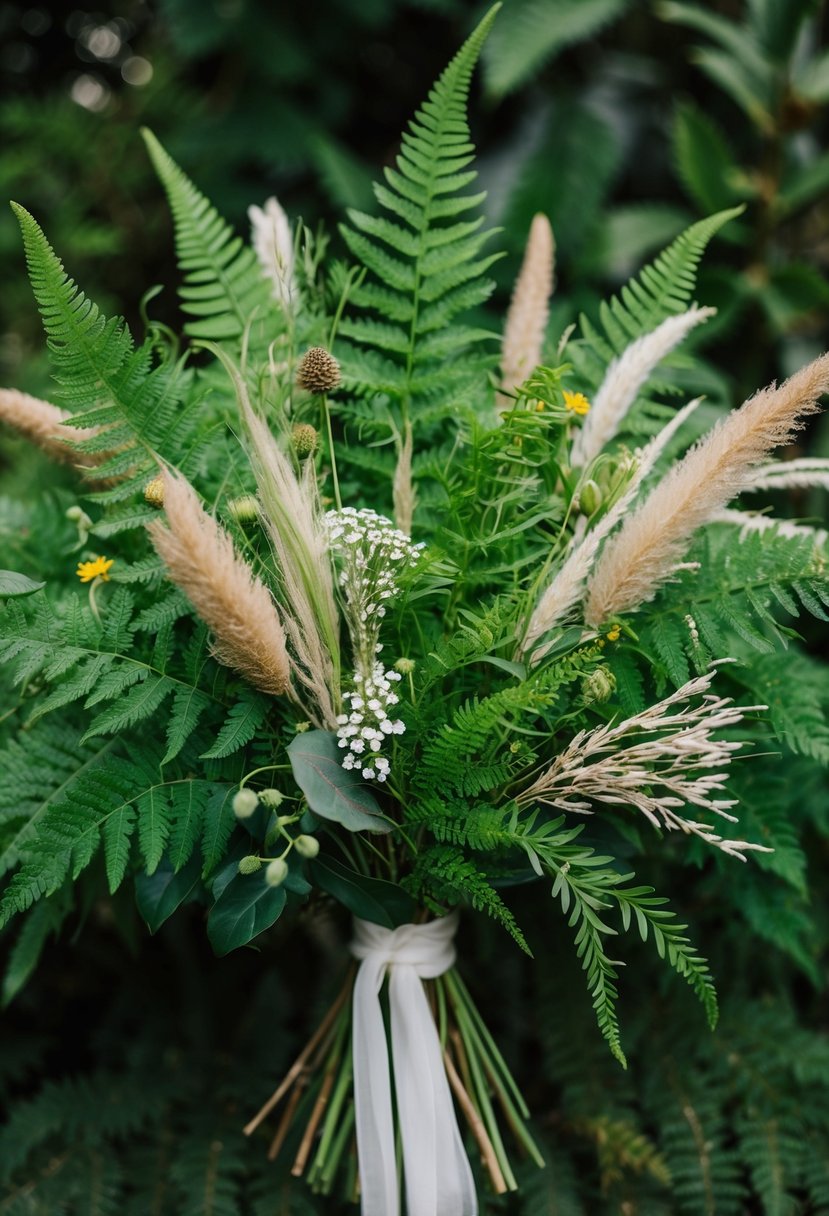 Lush green ferns and grasses intertwined with delicate wildflowers in a natural, organic wedding bouquet