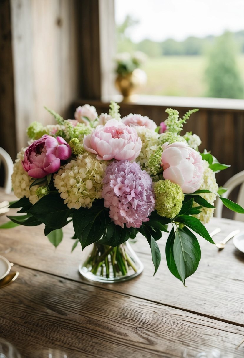 A rustic wooden table adorned with a lush bouquet of peonies and hydrangeas, exuding charm and elegance