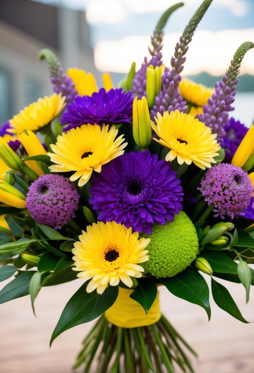 A vibrant bouquet with purple veronica and yellow craspedia arranged in a beautiful wedding bouquet