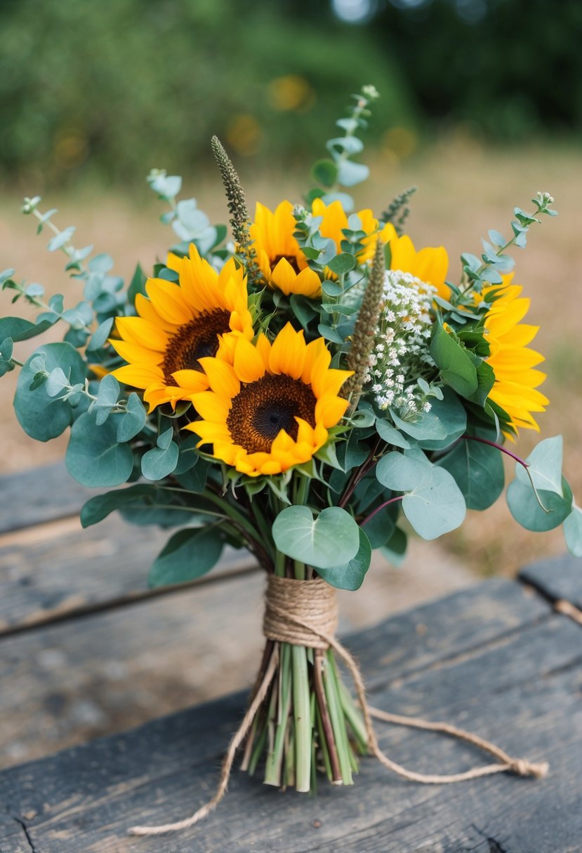 A rustic bouquet featuring vibrant sunflowers and fragrant eucalyptus, tied together with twine